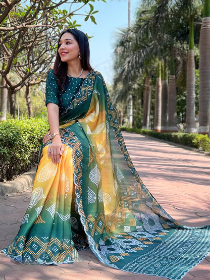 Yellow Georgette Silk Saree with Ombre Bandhej & Swarovski Stones