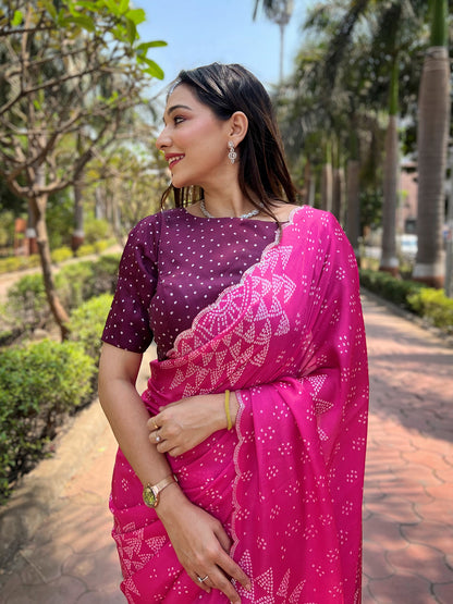 Rani-Pink Georgette Silk Saree with Ombre Bandhej & Swarovski Stones