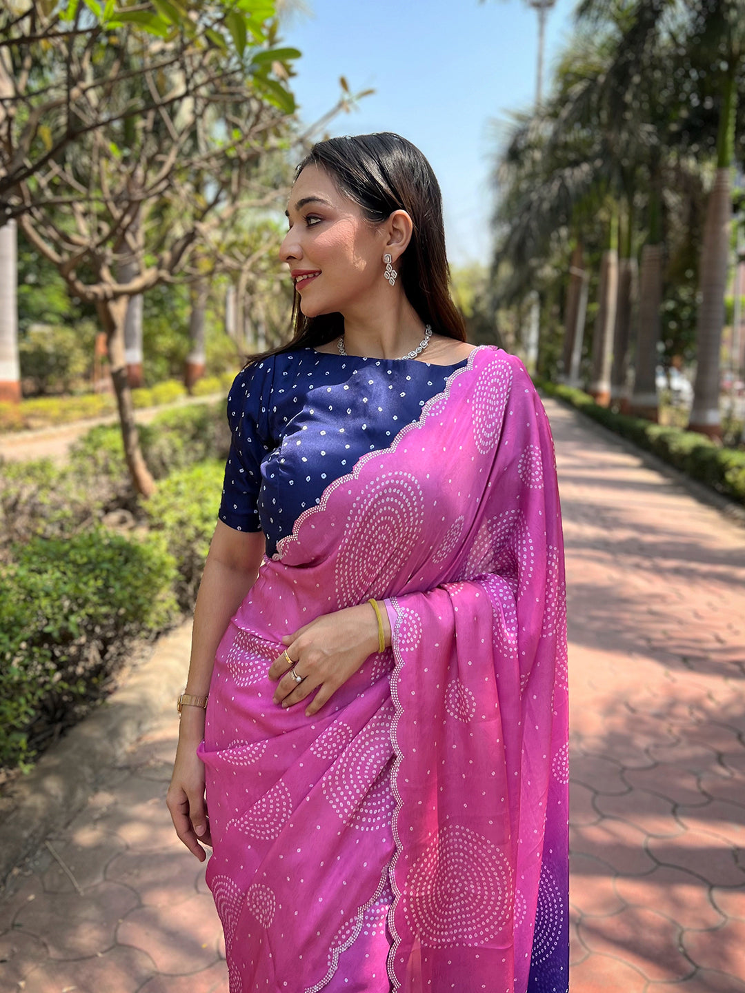 Pink Georgette Silk Saree with Ombre Bandhej & Swarovski Stones