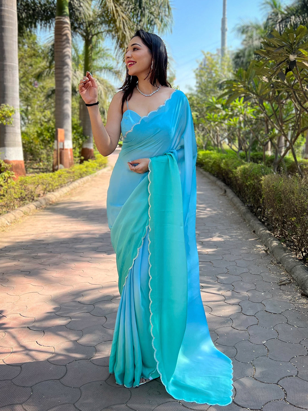 Bollywood-Style Turquoise-Blue Satin Georgette Ombre Saree