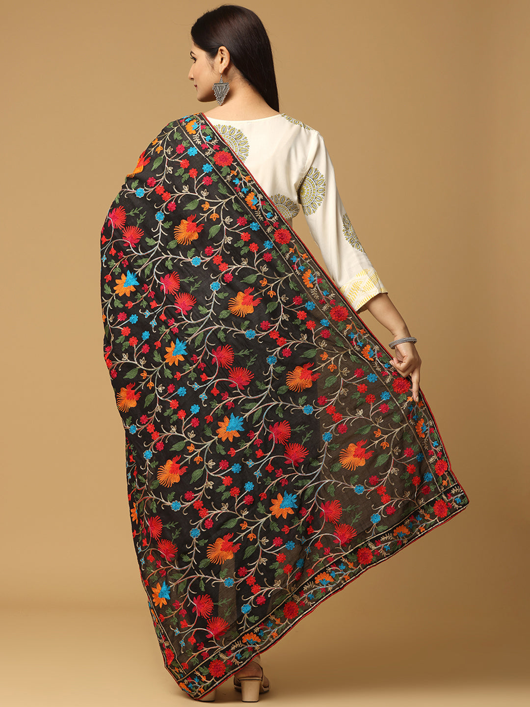 Black Poly Chiffon Pashmina Dupatta with Intricate Thread work