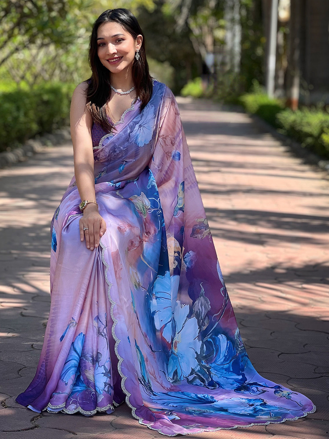 Elegant Lavender Satin Georgette Saree with Floral Print