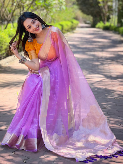 Purple Viscose Organza Saree with Gold Zari Weaving Border