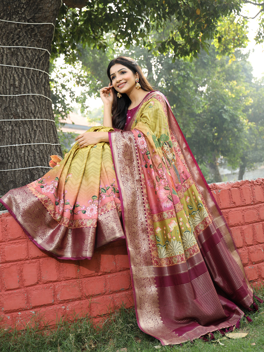 Luxe Light-Green Viscose Dola Silk Saree with Pichwai Kalamkari Print