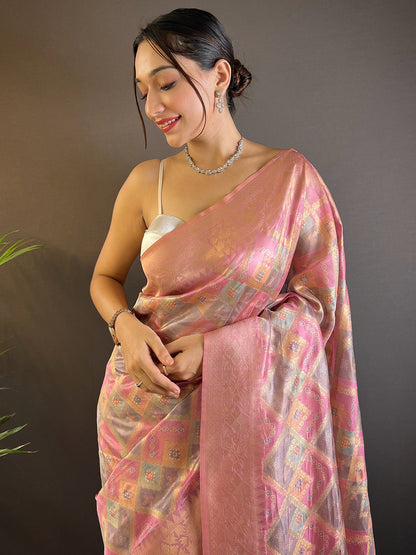 Pink Block Print Banarasi Katan Silk Saree