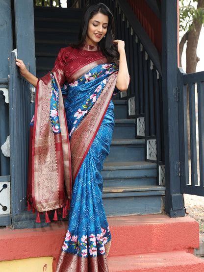 Elegant Royal blue Pure Viscose Dola Silk Saree with Exquisite Floral Print Border