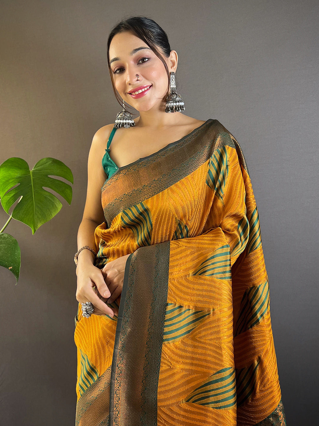 Mustard Tussar Silk Abstract Ikkat Print Saree