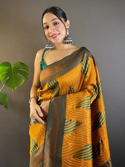 Mustard Tussar Silk Abstract Ikkat Print Saree