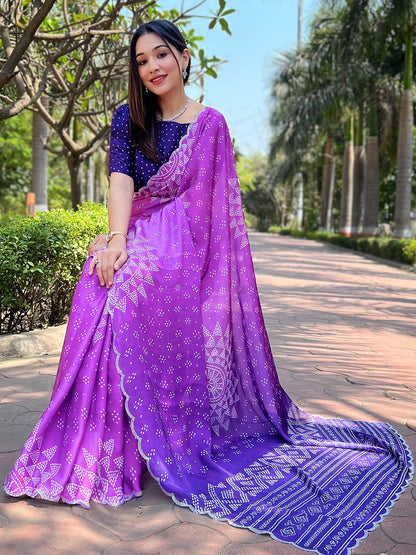 Purple Georgette Silk Saree with Ombre Bandhej & Swarovski Stones