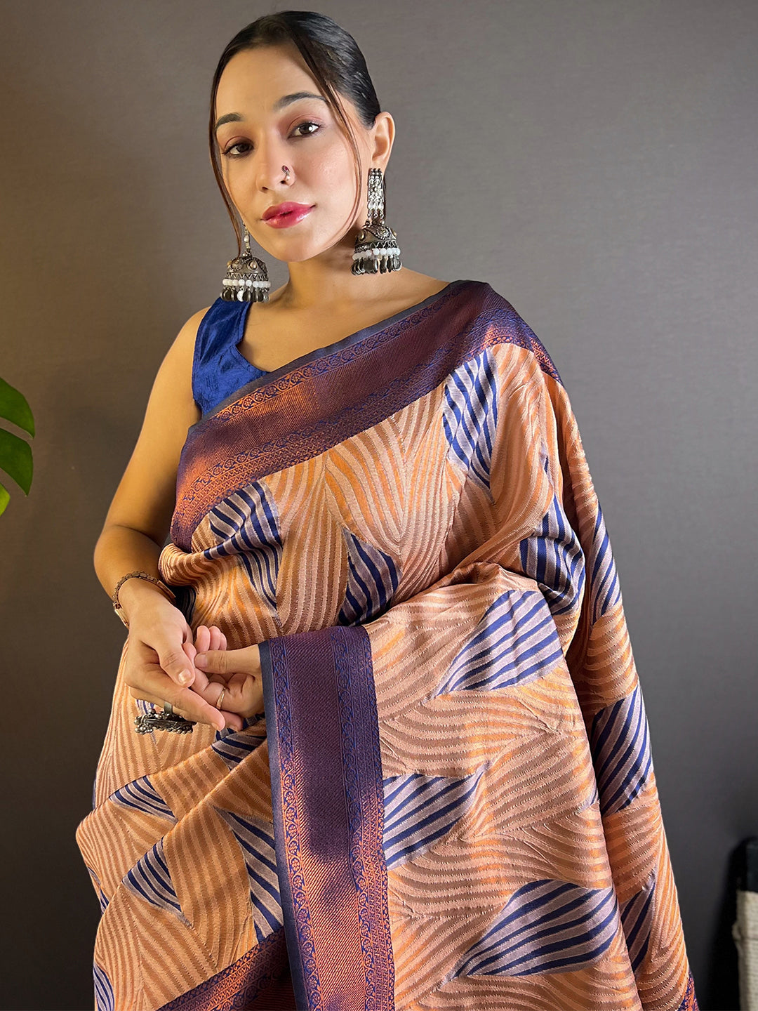 Peach Tussar Silk Abstract Ikkat Print Saree