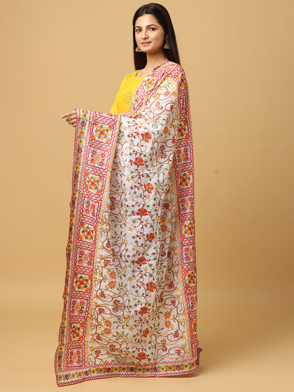 White Poly Chiffon Pashmina Dupatta with Intricate Thread work