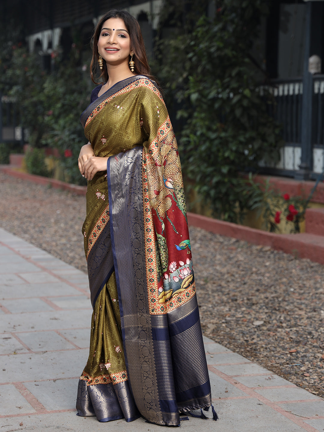 Luxe Olive Viscose Dola Silk Saree with Pichwai Kalamkari Print