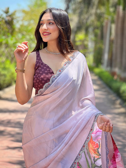 Elegant Grey Satin Georgette Saree with Floral Print