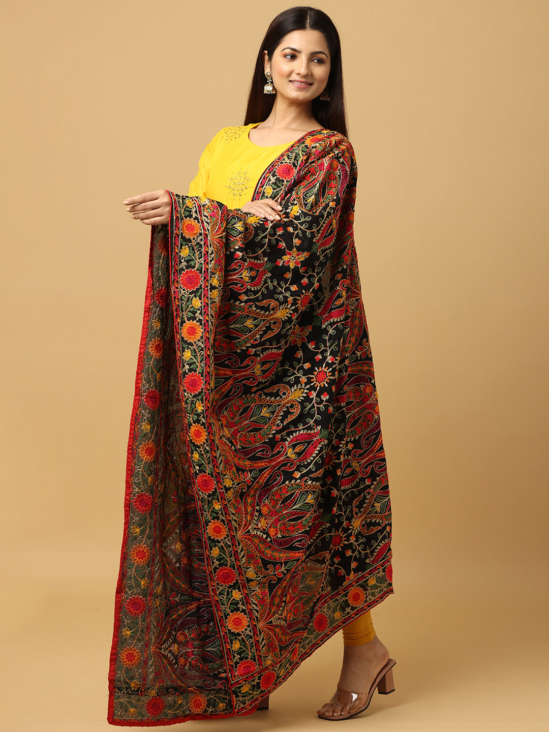 Black Poly Chiffon Pashmina Dupatta with Intricate Thread work