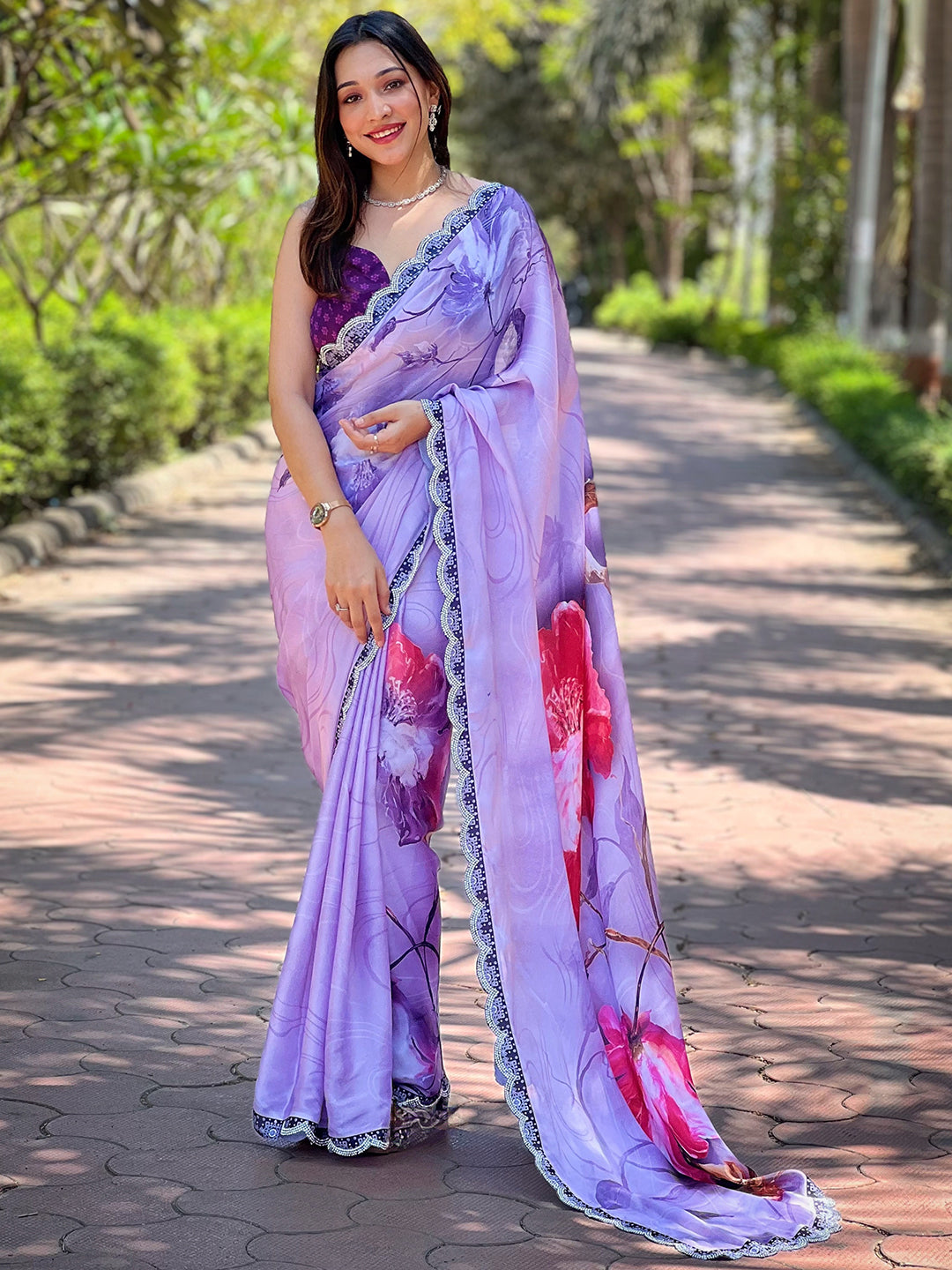 Elegant Purple Satin Georgette Saree with Floral Print