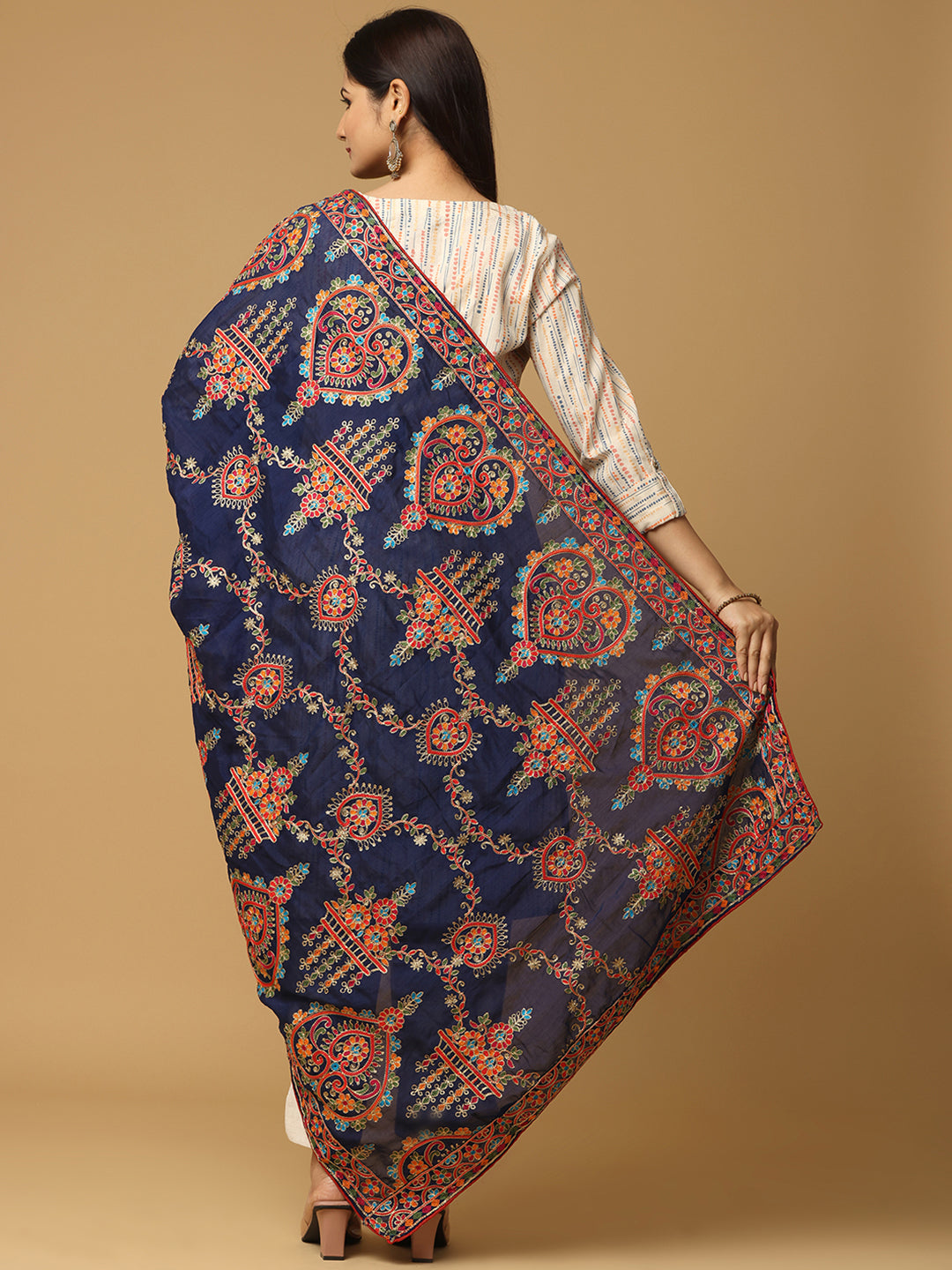 Navy Poly Chiffon Pashmina Dupatta with Intricate Thread work