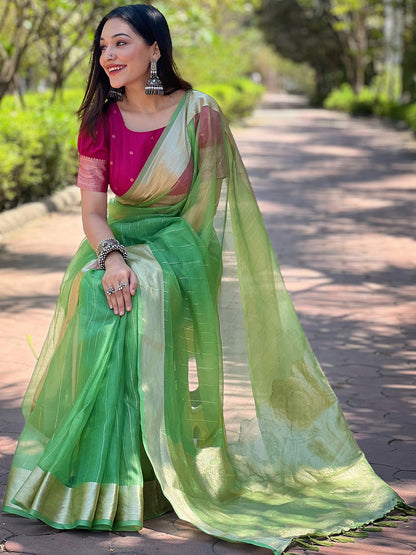 Green Viscose Organza Saree with Gold Zari Weaving Border