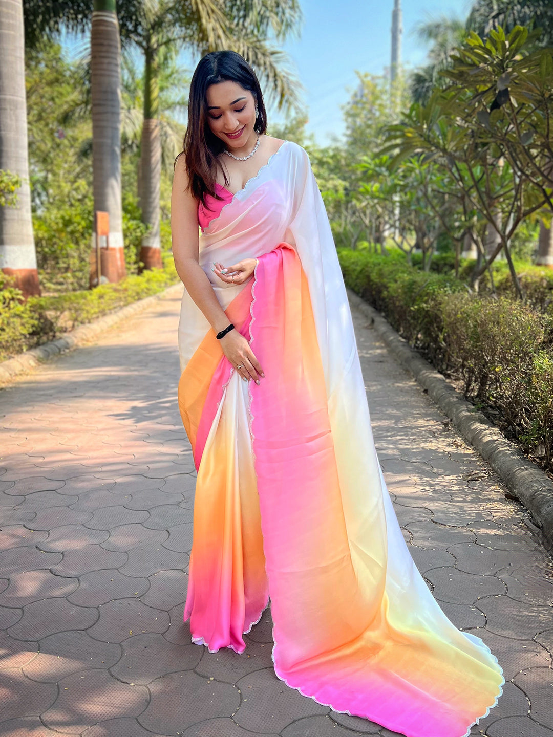 Bollywood-Style Pink Satin Georgette Ombre Saree