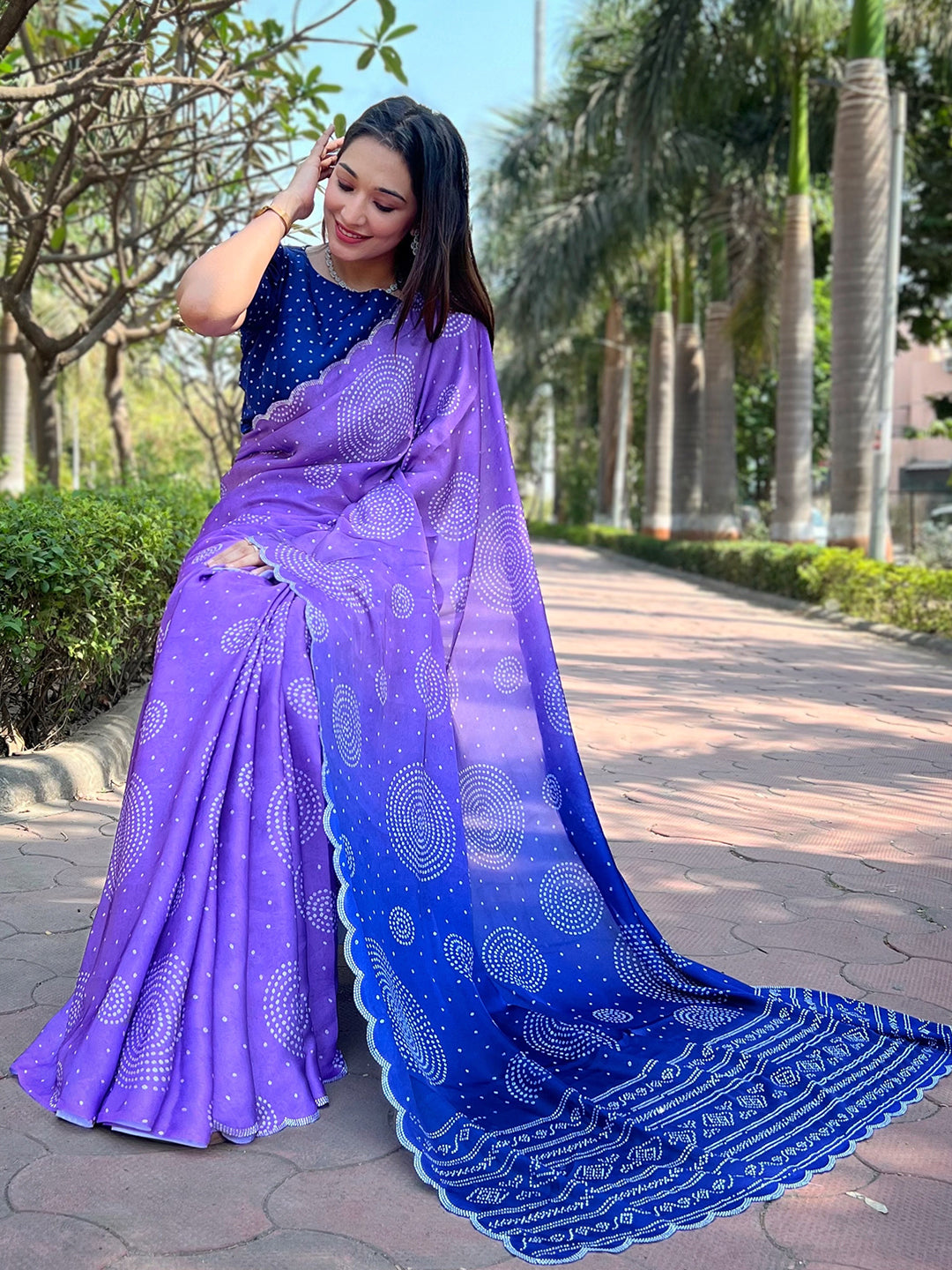 Lavender Georgette Silk Saree with Ombre Bandhej & Swarovski Stones