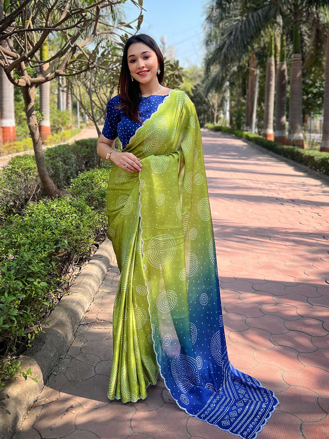 Lime-Green Georgette Silk Saree with Ombre Bandhej & Swarovski Stones