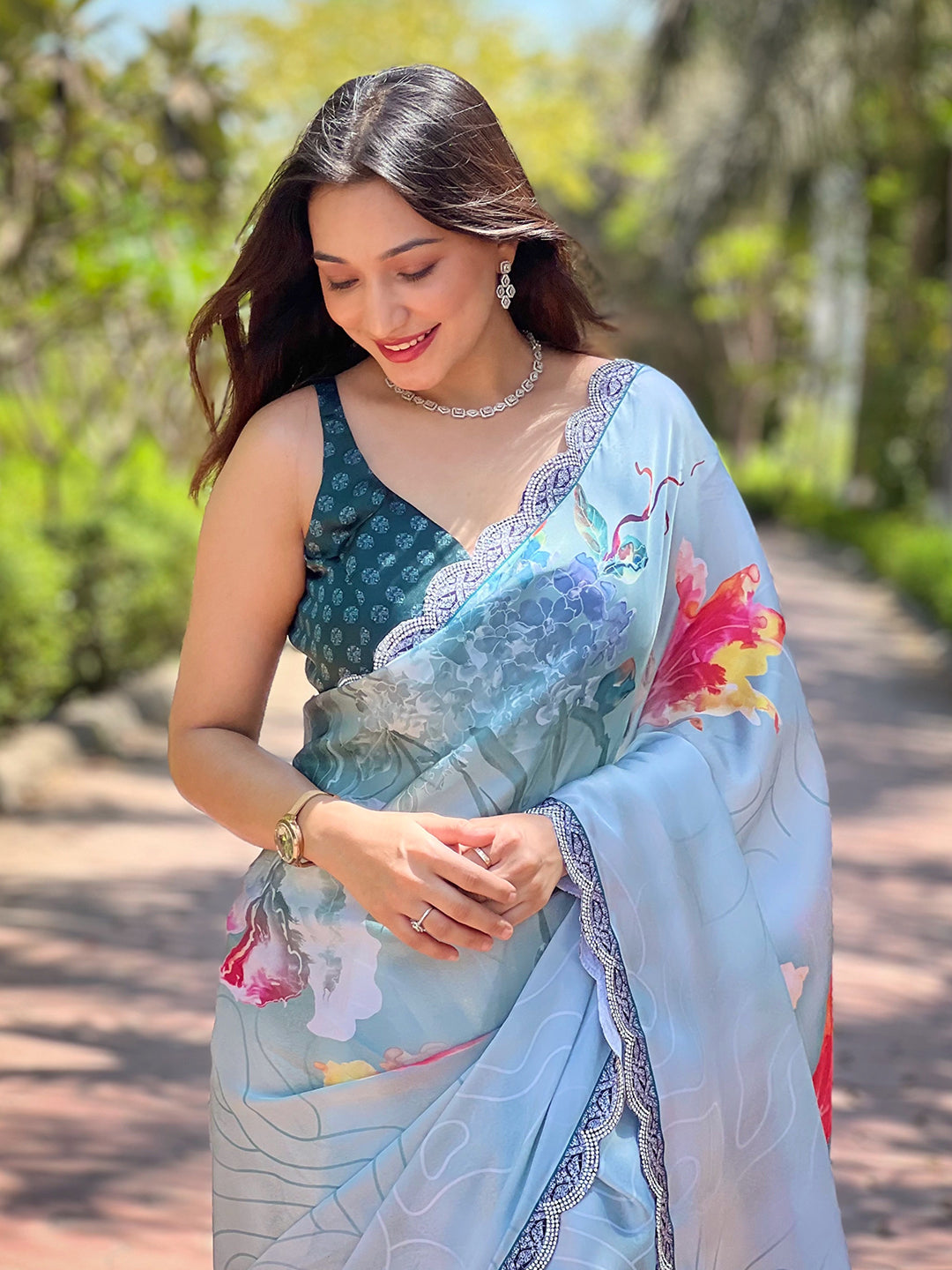 Elegant Light Blue Satin Georgette Saree with Floral Print