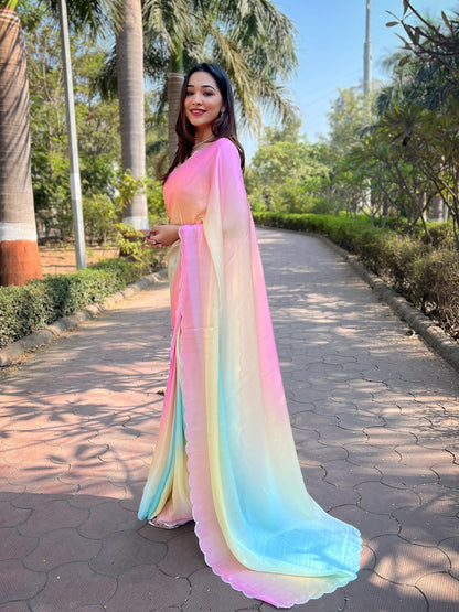 Bollywood-Style Multicoloured Satin Georgette Ombre Saree