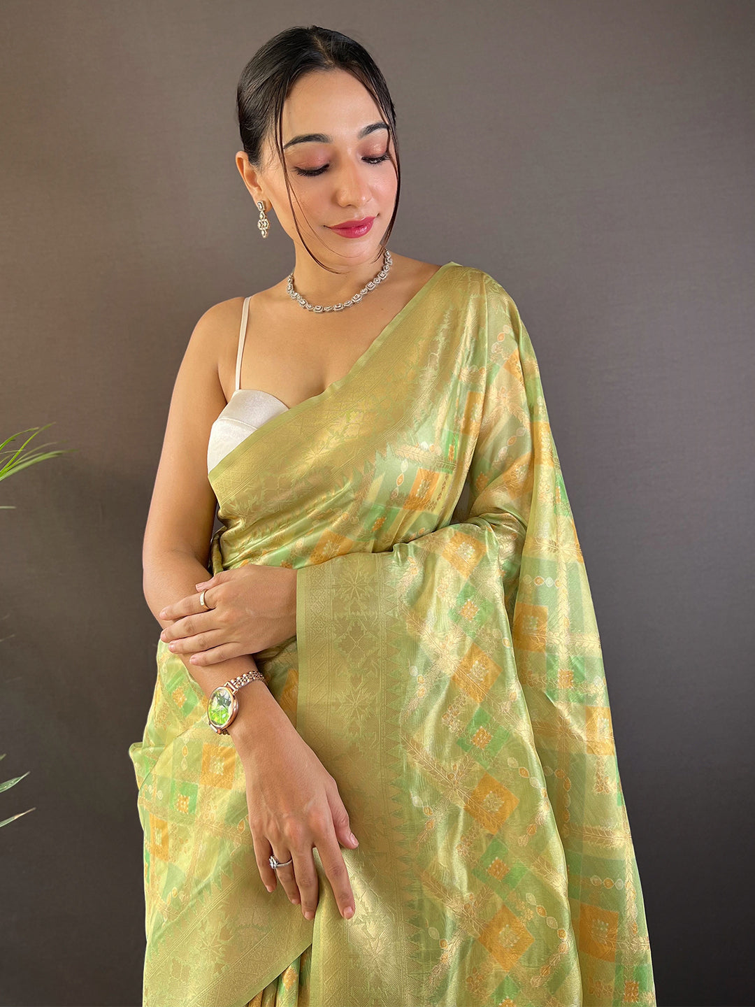 Green Block Print Banarasi Katan Silk Saree