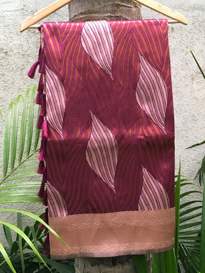 Cheery-Red Tussar Silk Abstract Ikkat Print Saree