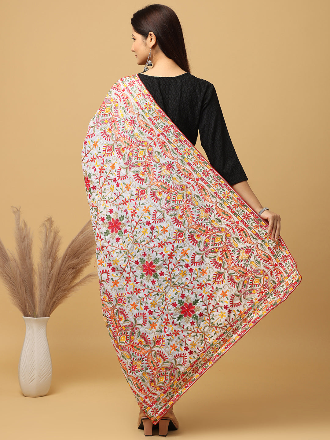 White Chiffon Pashmina Dupatta with Thread work