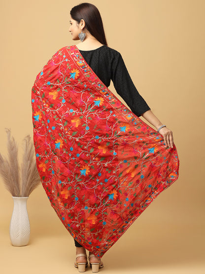 Red Poly Chiffon Pashmina Dupatta with Intricate Thread work