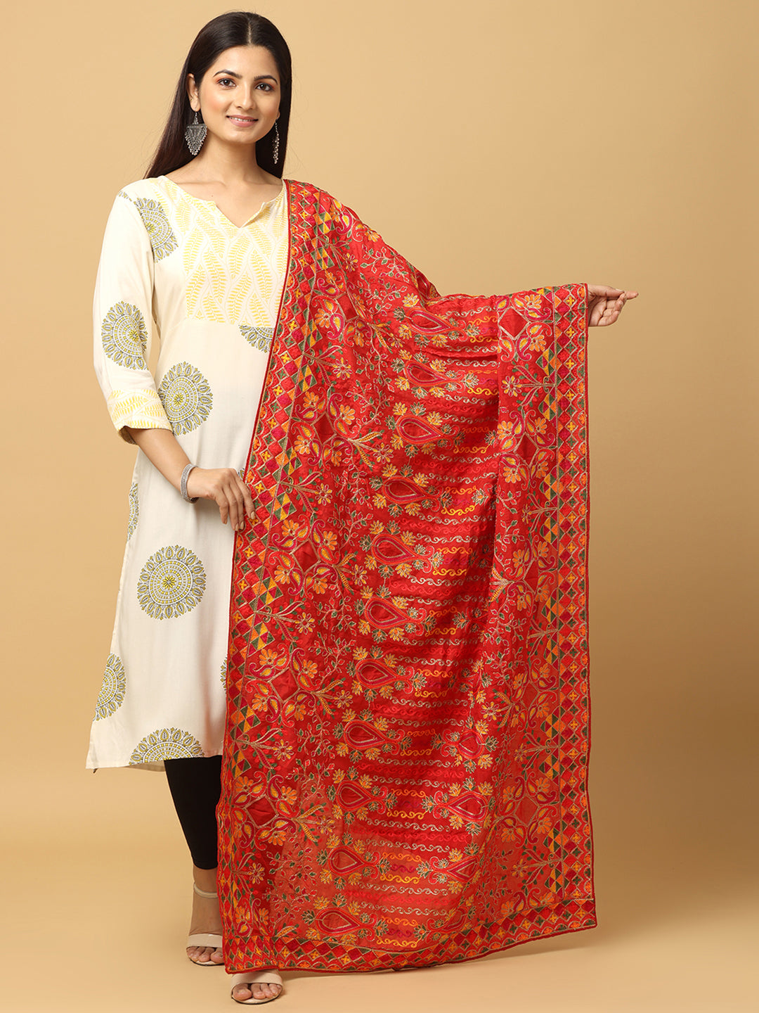 Red Kashmiri Threadwork Designer Pashmina Duppata