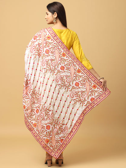 White Poly Chiffon Pashmina Dupatta with Intricate Thread work