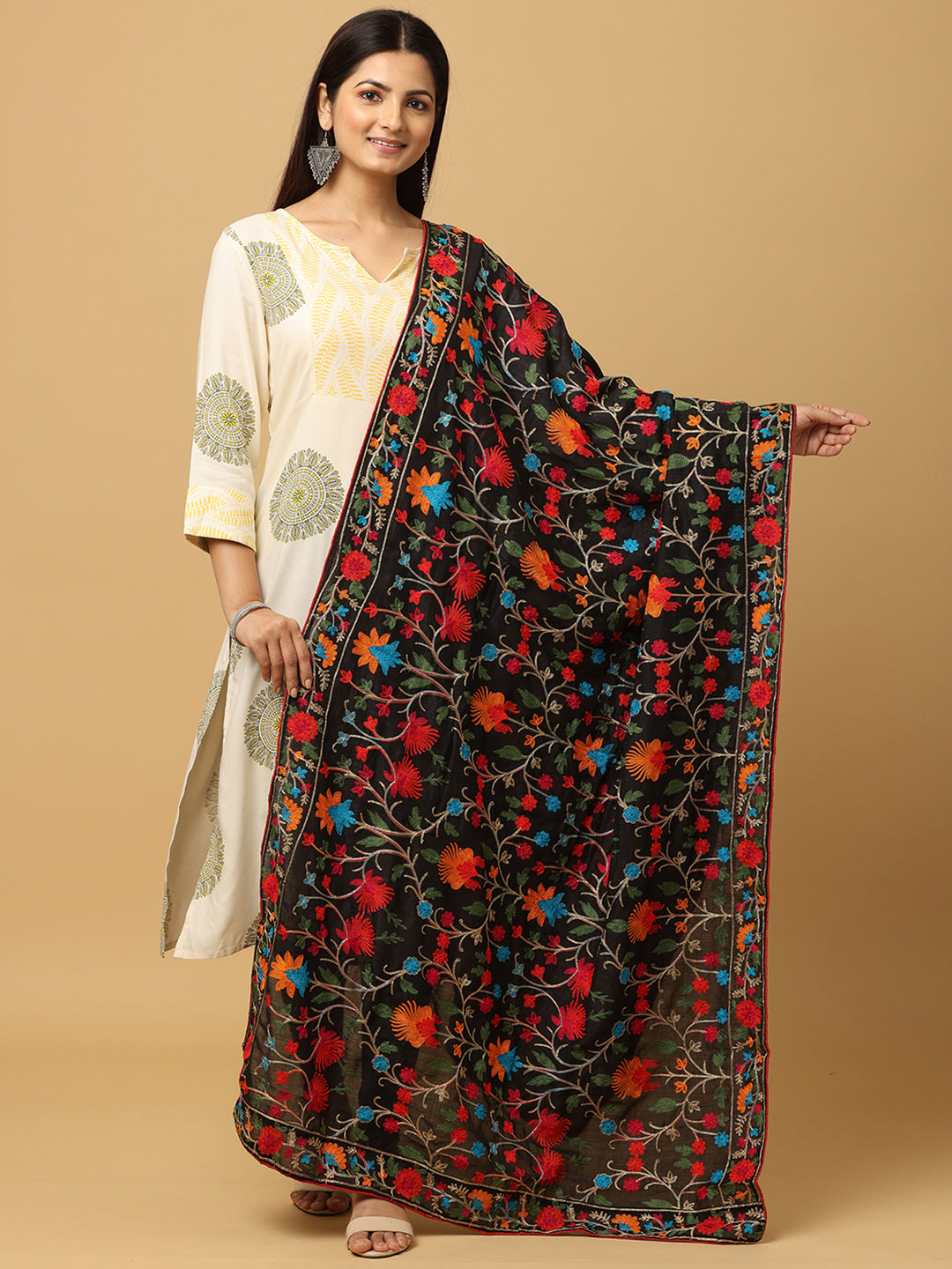 Black Poly Chiffon Pashmina Dupatta with Intricate Thread work