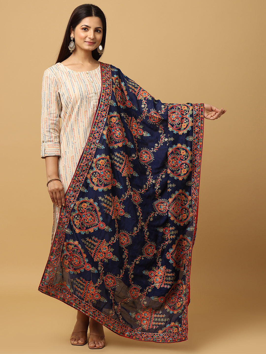 Navy Poly Chiffon Pashmina Dupatta with Intricate Thread work