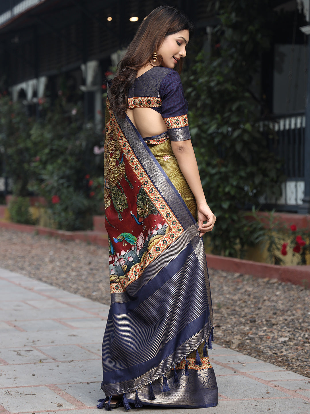 Luxe Olive Viscose Dola Silk Saree with Pichwai Kalamkari Print