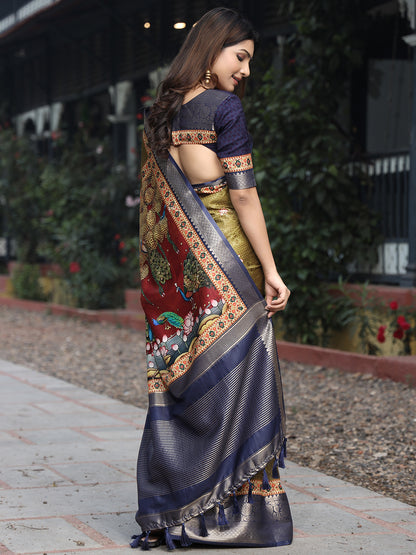 Luxe Olive Viscose Dola Silk Saree with Pichwai Kalamkari Print