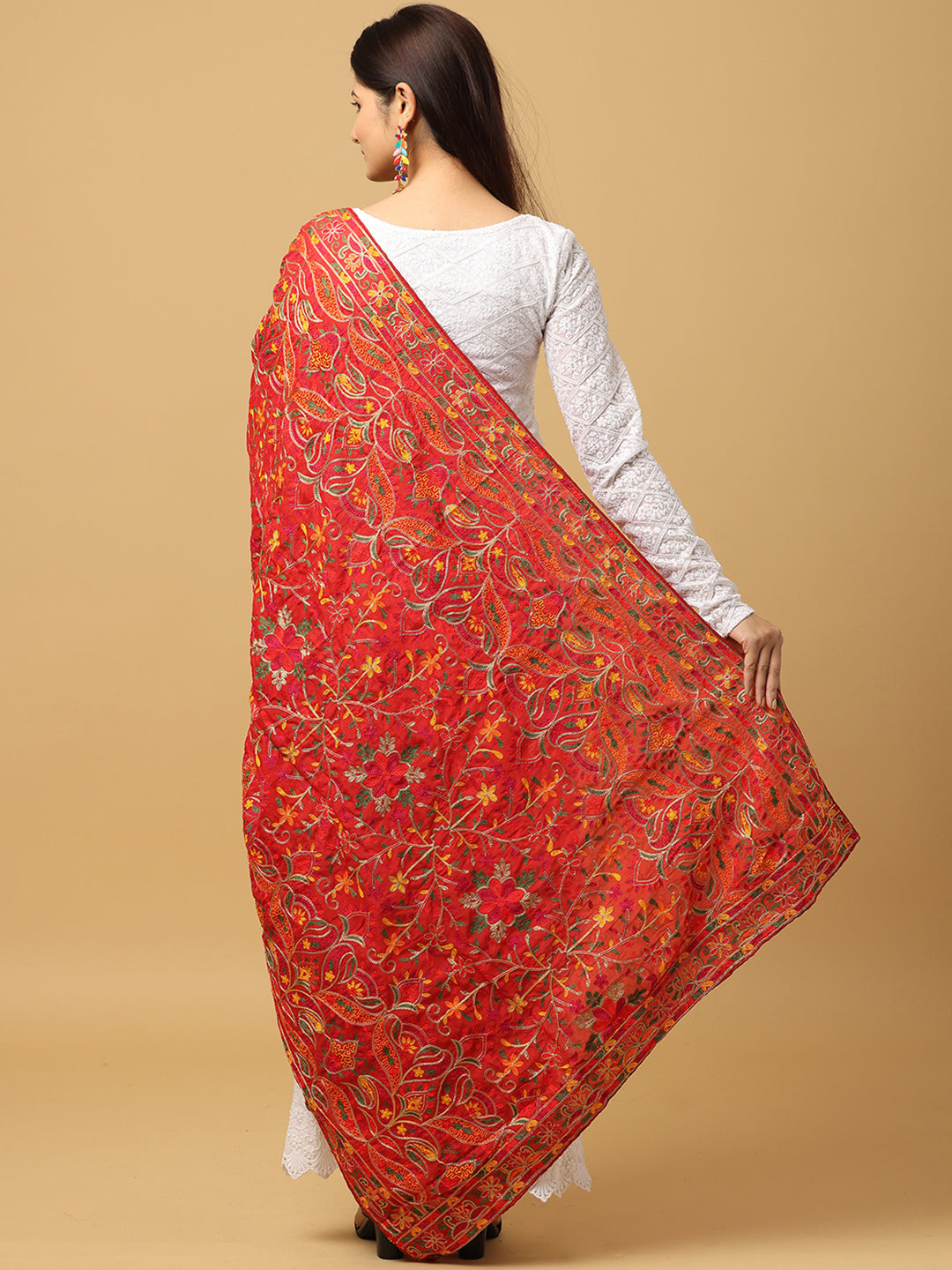 Red Poly Chiffon Pashmina Dupatta with Thread work