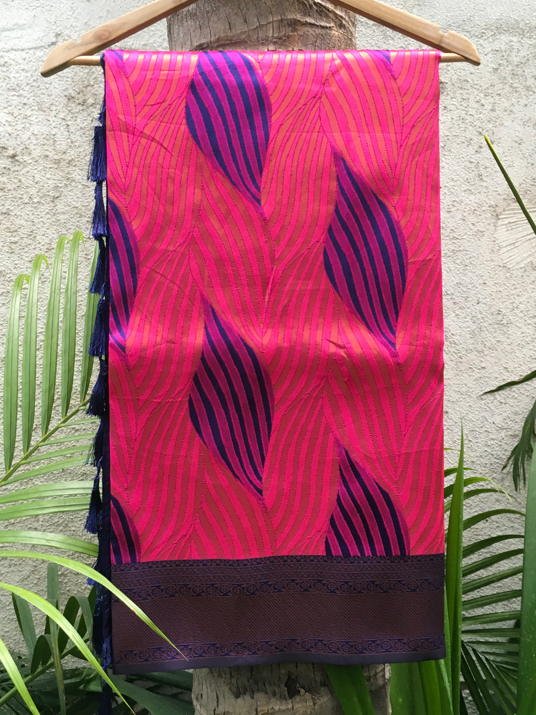 Rani-Pink Tussar Silk Abstract Ikkat Print Saree