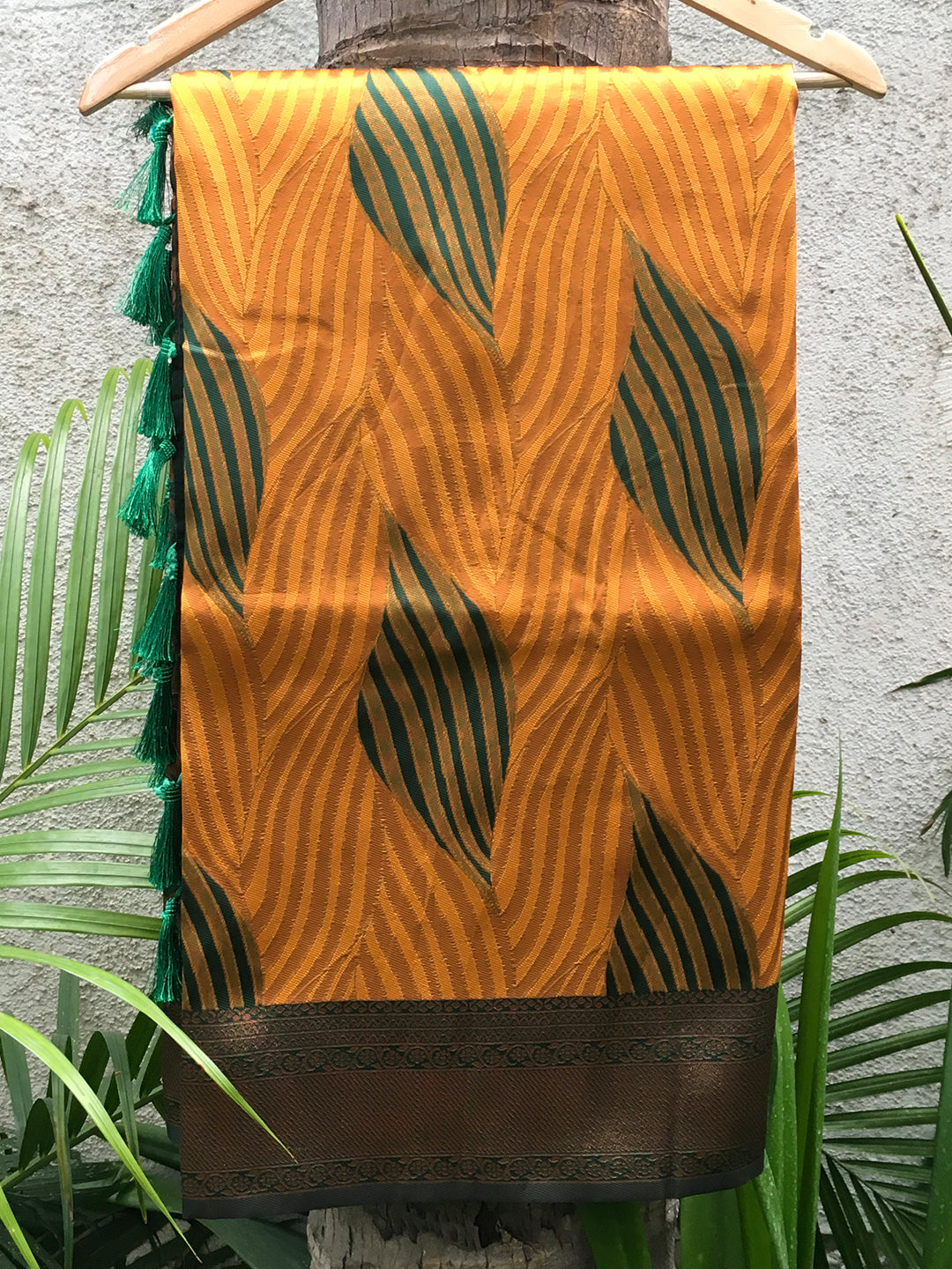 Mustard Tussar Silk Abstract Ikkat Print Saree