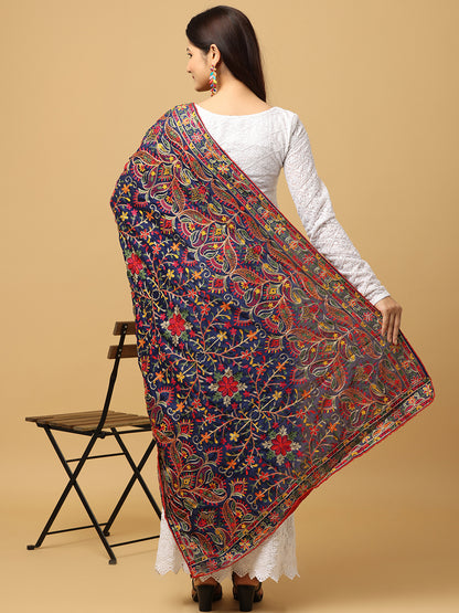 Navy Blue Poly Chiffon Pashmina Dupatta with Thread work