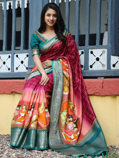 Elegant Rani Pink Pure Viscose Dola Silk Saree with Exquisite Bandhej Print