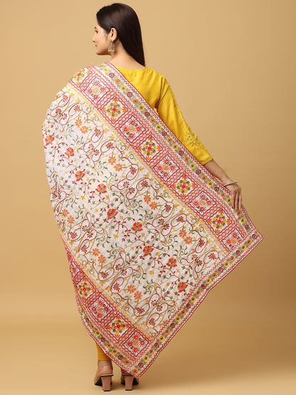 White Poly Chiffon Pashmina Dupatta with Intricate Thread work