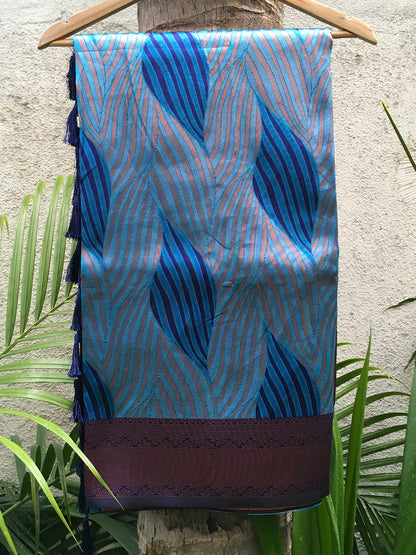 Royal-Blue Tussar Silk Abstract Ikkat Print Saree