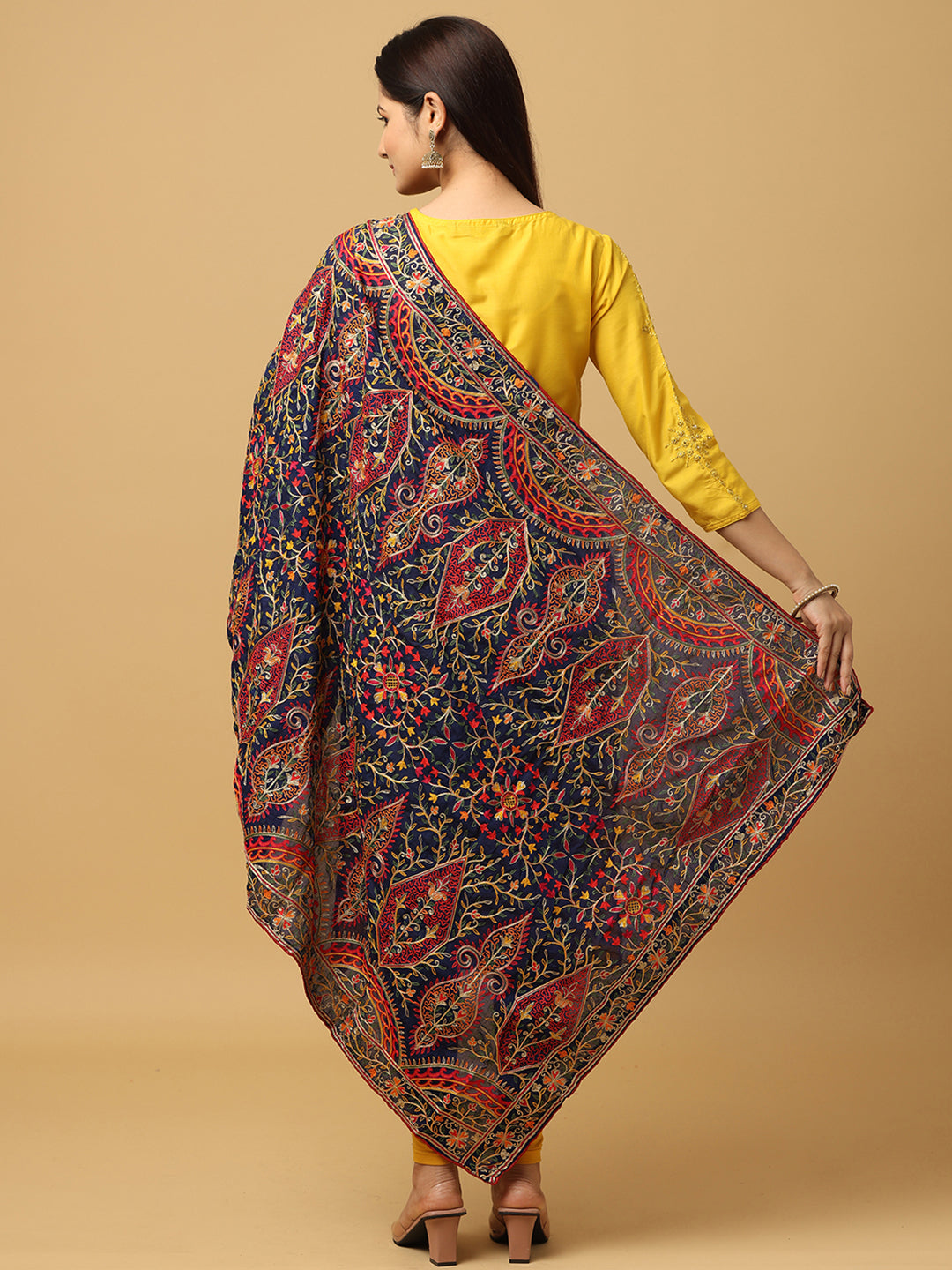 Navy Blue Poly Chiffon Pashmina Dupatta with Intricate Thread work