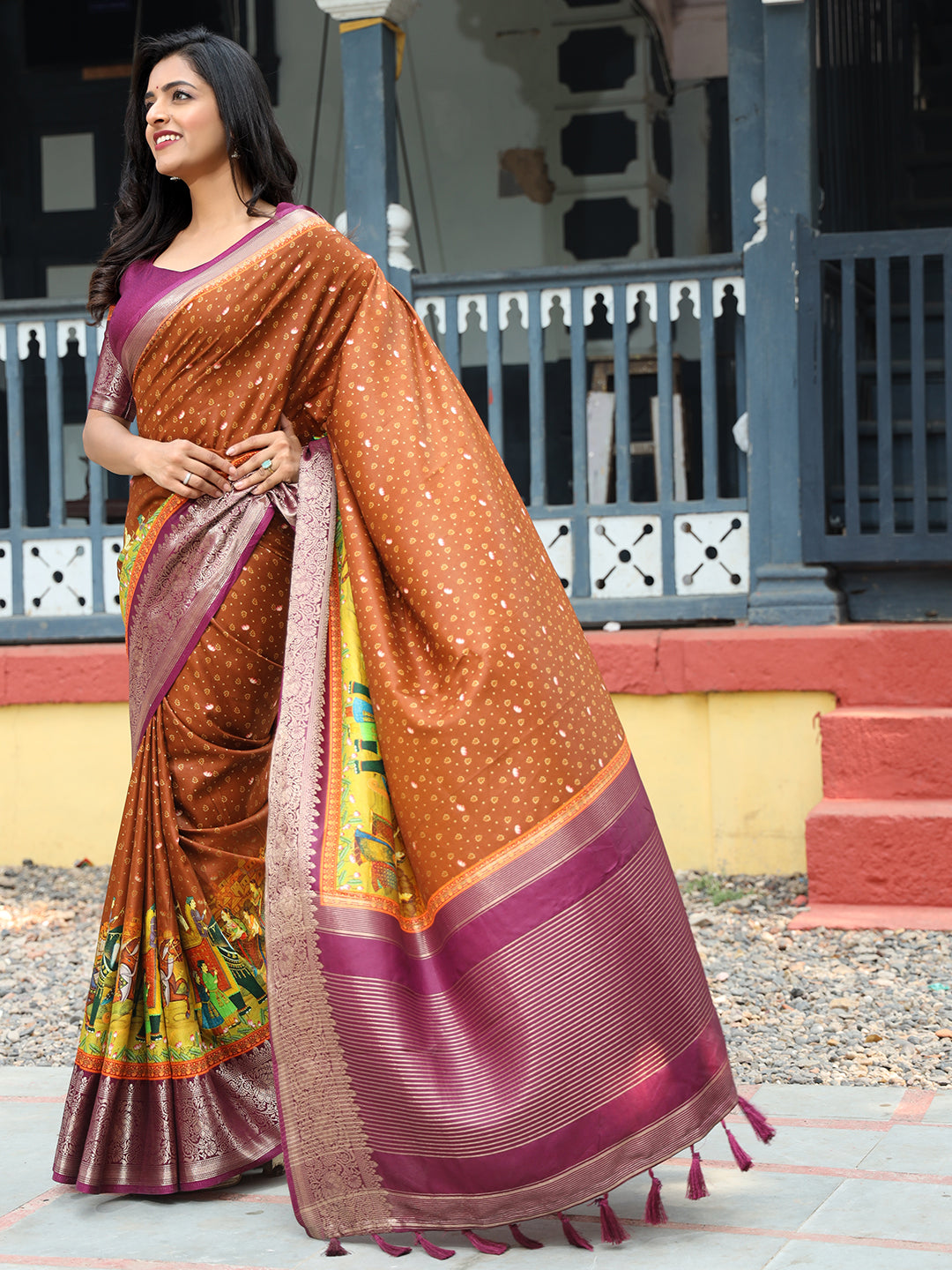 Elegant Brown Pure Viscose Dola Silk Saree with Exquisite Bandhej Print