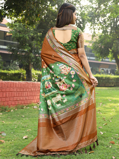 Luxe Brown Viscose Dola Silk Saree with Pichwai Kalamkari Print