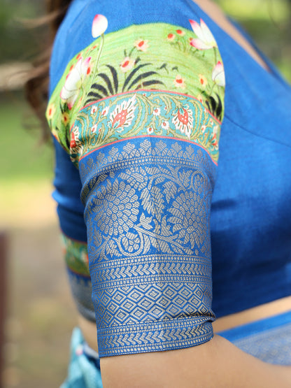 Luxe Blue Viscose Dola Silk Saree with Pichwai Kalamkari Print