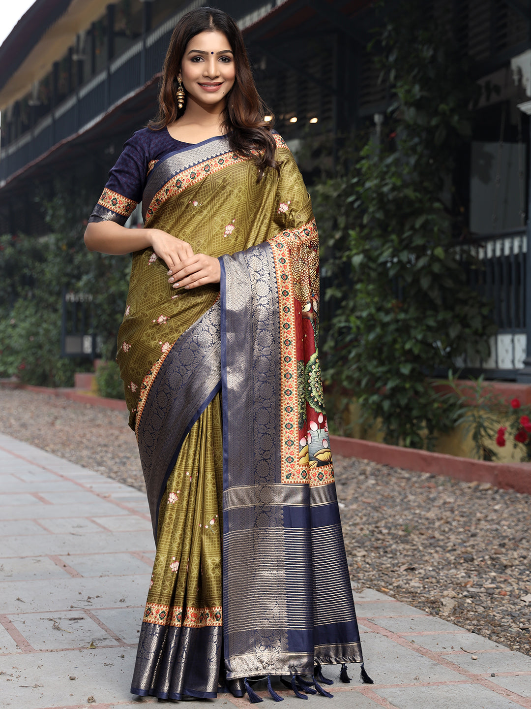 Luxe Olive Viscose Dola Silk Saree with Pichwai Kalamkari Print