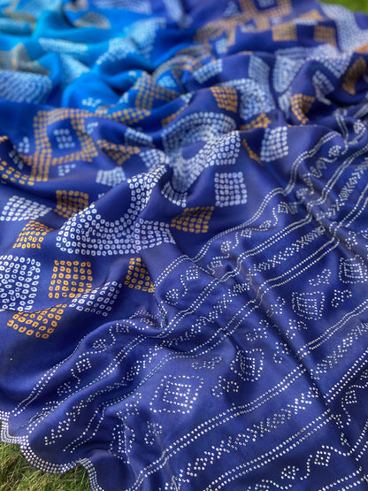 Blue Georgette Silk Saree with Ombre Bandhej & Swarovski Stones