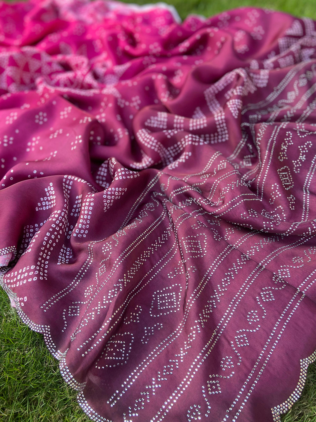 Rani-Pink Georgette Silk Saree with Ombre Bandhej & Swarovski Stones